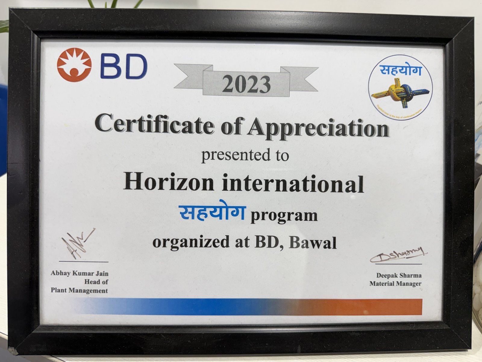 Certificate of Appreciation presented to Horizon International by Becton Dickinson under the Sahyog program